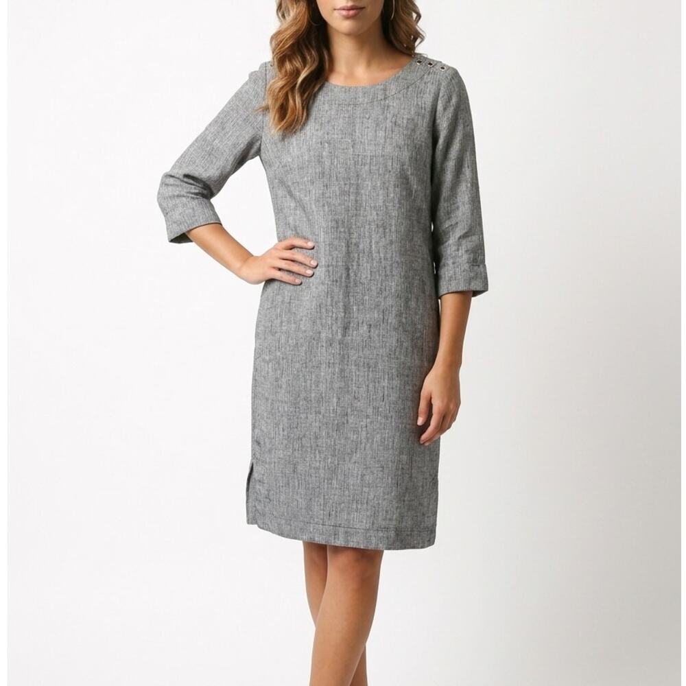 Olsen Linen Gray Midi Shift Dress 3/4 Sleeve Round Neck Relaxed Fit XS/4